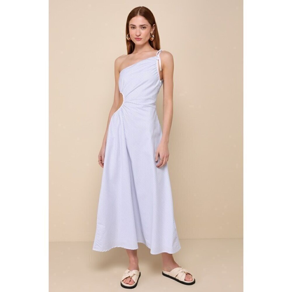 Lulus Effortless Weekend Blue & White Striped Cutout One-shoulder Maxi Dress, XL